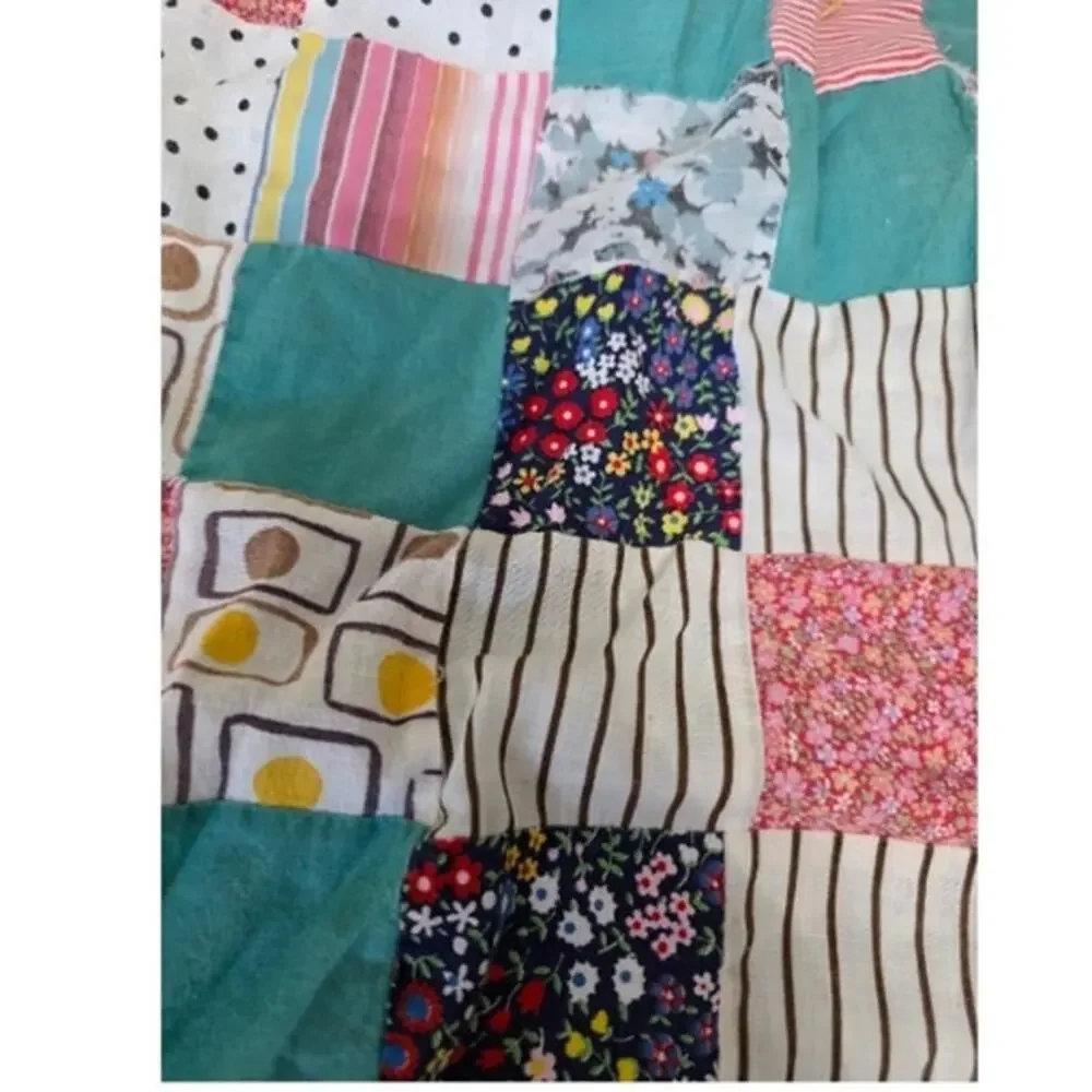 VTG Handmade Colorful Scrappy Memory Lap Blanket Crib Tied Quilt Granny Cottage